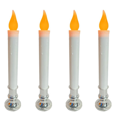 Christmas Window Candles with Timer - Set of 4 Battery Operated LED Flickering Candles (9 inch), 6/18H Auto On/Off, Silver Base for Indoor Table Decor, Holiday Party, Home Window Decorations