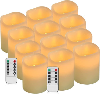 antizer Flameless Candles Battery Operated Candles Set of 12 Ivory Real Wax Pillars Flickering Candles Ivory LED Flameless Candles with Remote and Timer Control (D: 3" x H: 4")