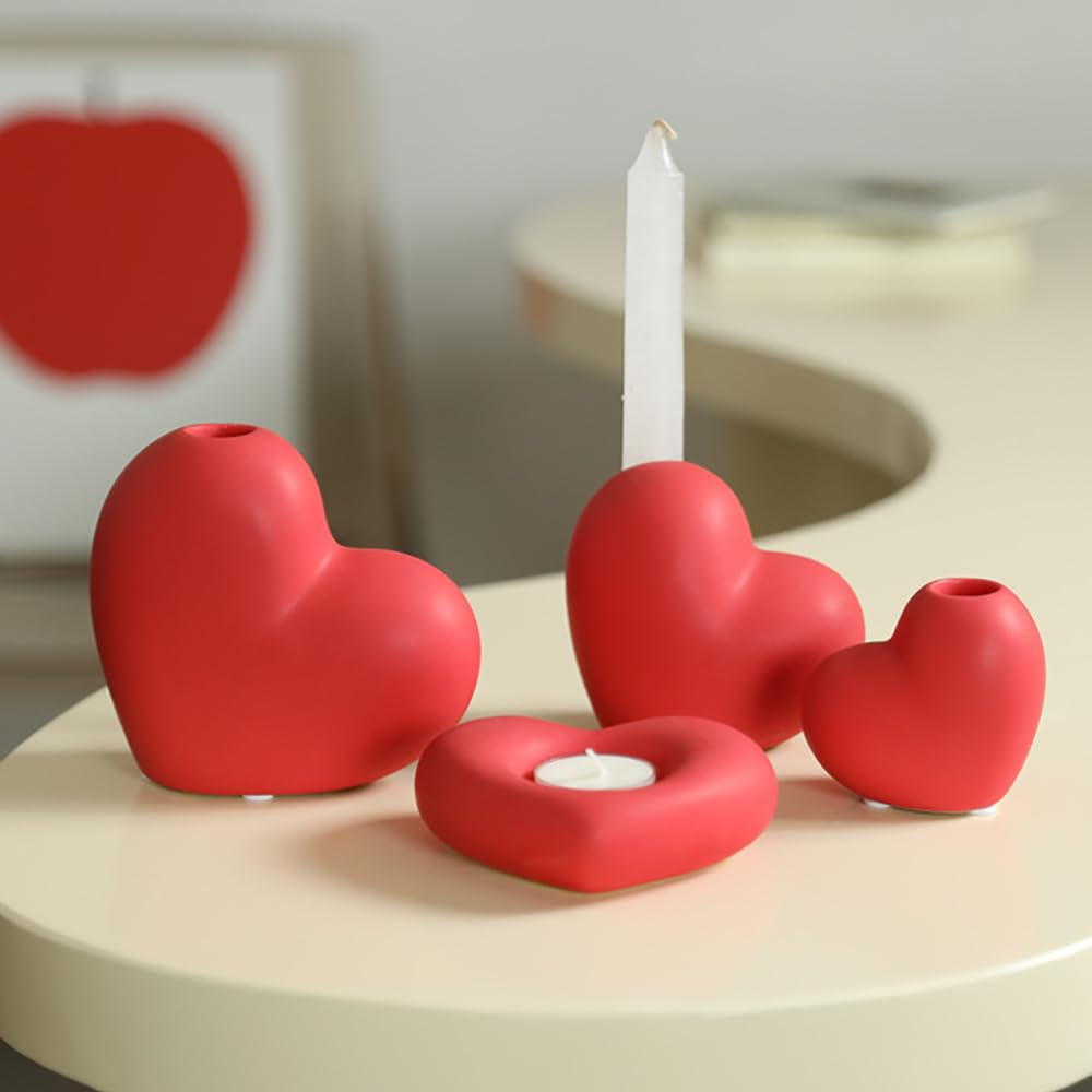 Valentines Day Ceramics Candlestick Holders Heart Candle Holders Decor for Mantel Wedding Festival Party Table Centerpiece Romantic Gift (Red Matte 1)