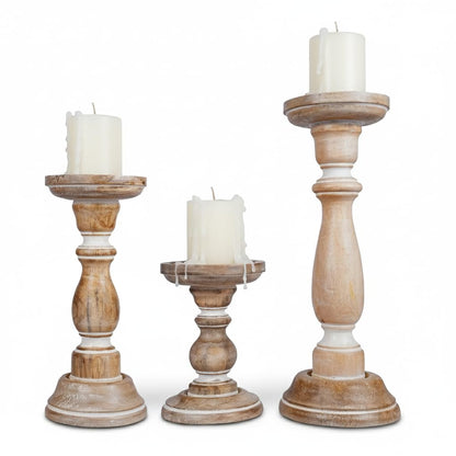 Mela Artisans 6”, 9” & 12” Mango Wood Pillar Candle Holder Set of 3 – Tuli Design Whitewashed – Wooden Candle Holders for Table, Mantel & Living Room Décor