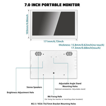 LESOWN Small Monitor 7 inch 1024x600 IPS Capacitive Touch 7" HDMI Wide Screen Portable LCD Display with Speakers for Raspberry Pi Laptop White