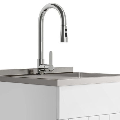 SIMPLIHOME Modern Wide Shaker All-in-One 24 inch Wide Utility Sink and Laundry Cabinet in Pure White Finish, Transitional Stainless Steel Sink Cabinet for Laundry Rooms with High-Arch Chrome Faucet