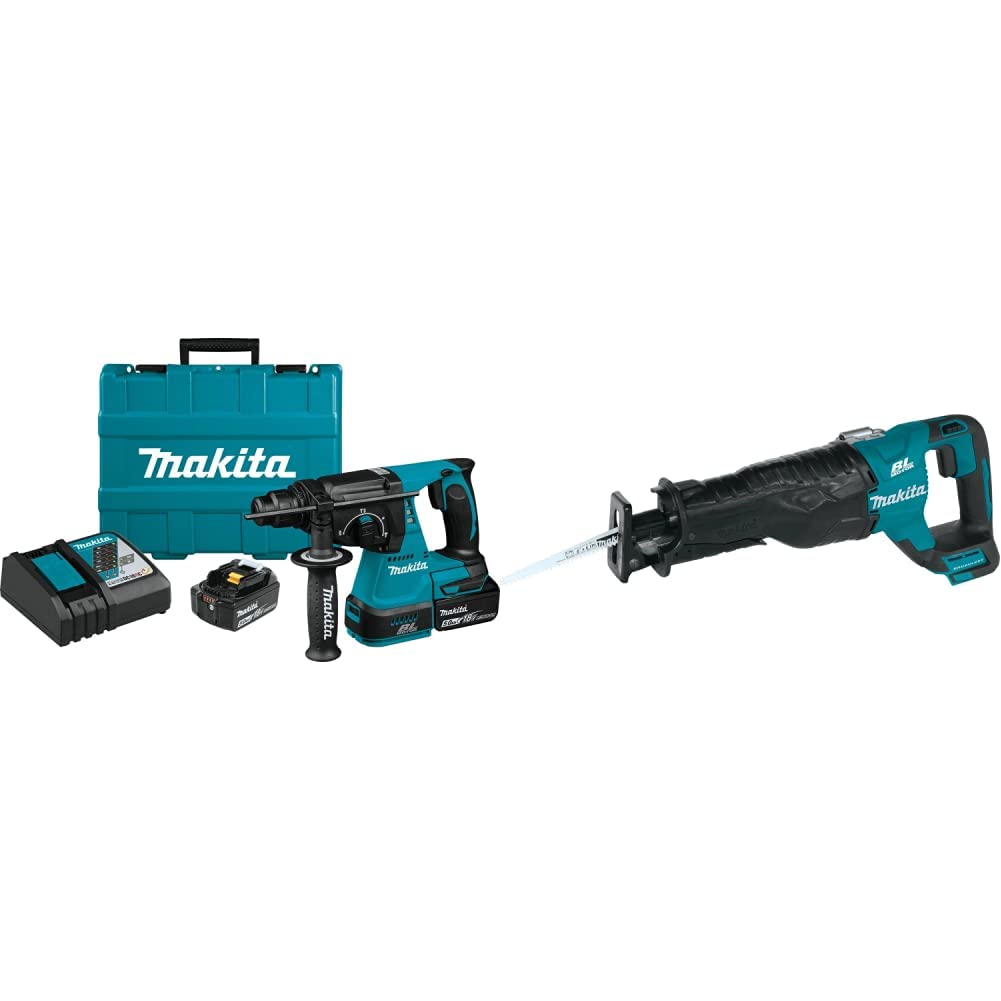 Makita XRH01T 18V LXT Lithium-Ion Brushless Cordless 1" Rotary Hammer Kit (5.0Ah) with XRJ05Z 18V LXT Lithium-Ion Brushless Cordless Recipro Saw
