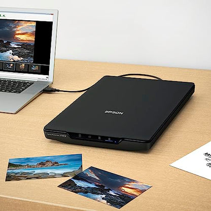 Epson - Perfection V39 II - Color Photo and Document Flatbed Scanner - 4800 dpi Optical Resolution - High-Rise, Removable Lid - Scan to Cloud - USB Power - Image Scanning - Black