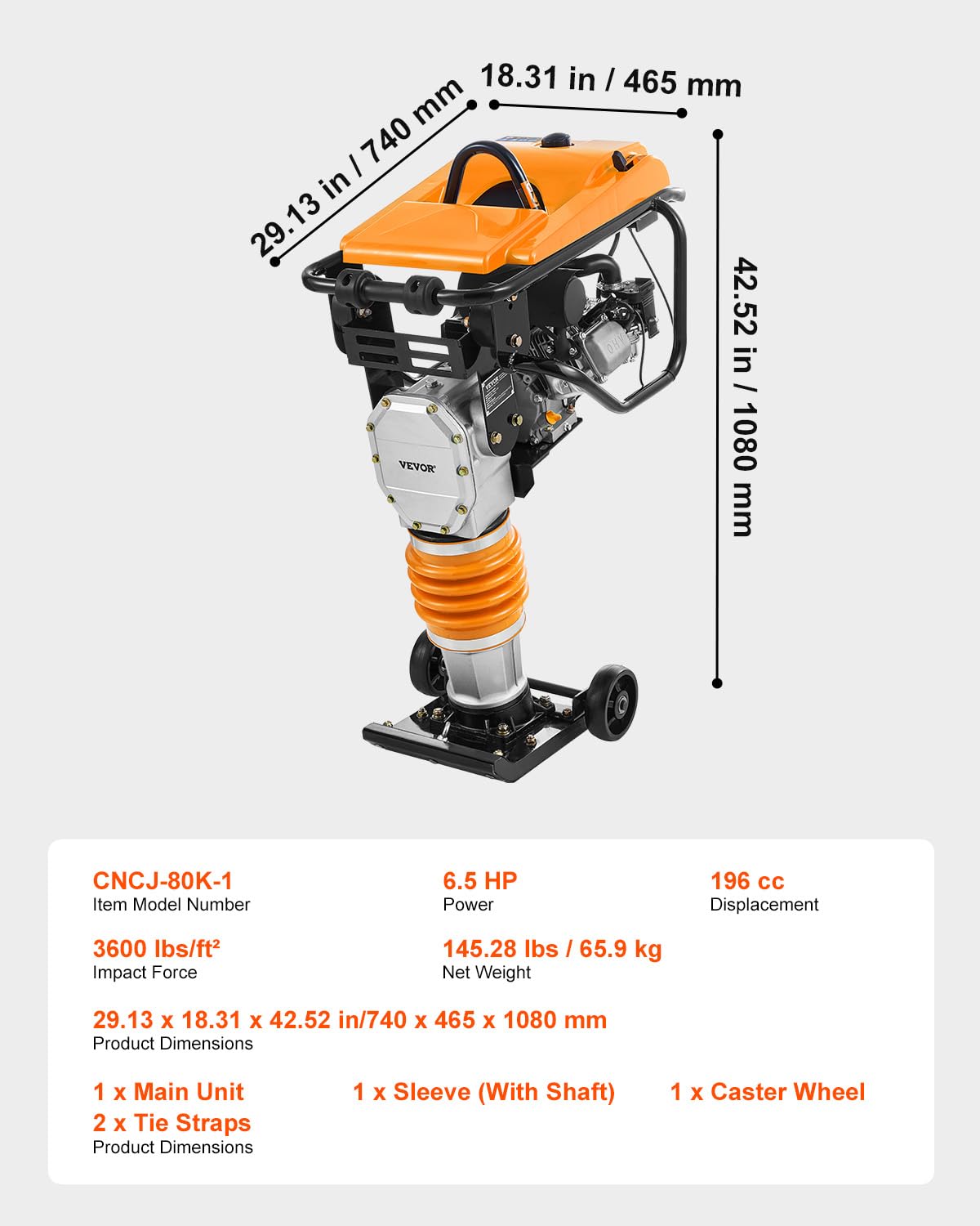 VEVOR Jumping Jack Compactor, 6.5 HP Vibratory Rammer Fuel-Powered 196 cc Engine Tamper, 3600 lbs Impact Force, 26" Max Compaction Depth, for Soil, Gravel, Footings, Concrete Slabs, and Foundations