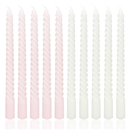 10 Inch White and Pink Spiral Taper Candle Set, 10 Pack Unscented Dripless Candlesticks for Dinner Baby Shower Party Brithday Wedding and Home Decoration