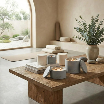 Zen Concrete Candle with Lid – Smoky Wood Sandalwood Vanilla – 100% Beeswax, Minimalist Jar, Wooden Wick, Reusable Container Plant Pot Storage – Luxury-Inspired (Cream, Small, Oud)