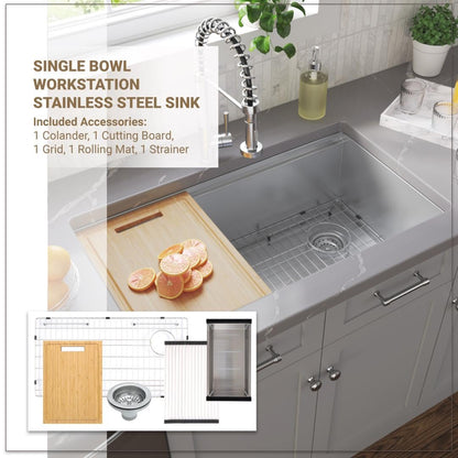 MSI Undermount Stainless Steel 33 in. x 19 in. Single Bowl Workstation Kitchen Sink with Cutting Board, Colander, Rolling Mat, Grid, and Strainer