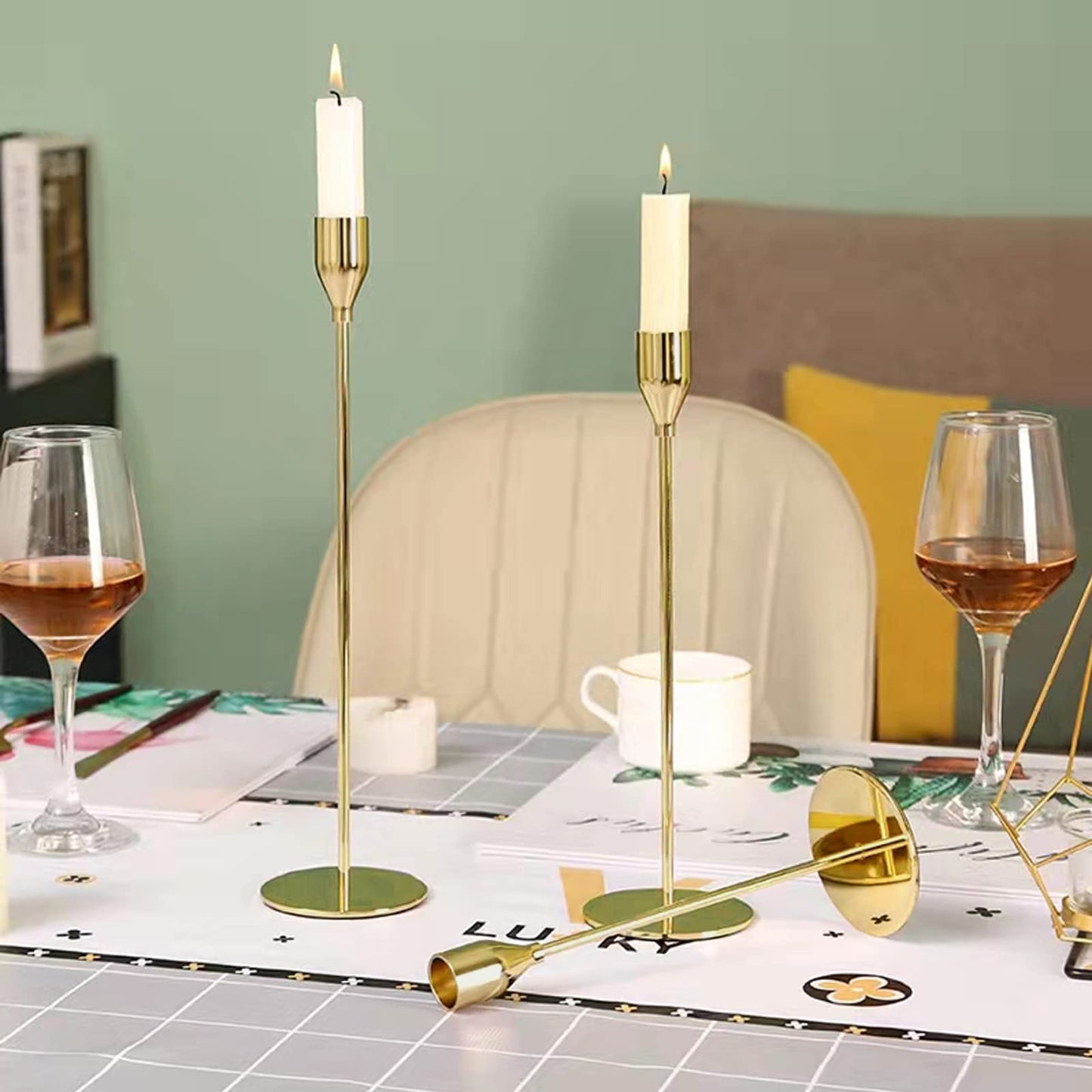 Gold Taper Candle Holders, Set of 6 Gold Candlestick Holders Taper Candle Holders fits 3/4" Thick Pillar Candle Led Modern Metal Candles, Elegant Stands Decorative Table Candle Holder