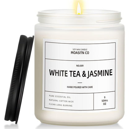 White Tea & Jasmine Candle for Home Scented| Natural Soy Non Toxic Candles| Long Clean Burning Aromatheraphy Jar Candel| Women,Men Gift for Autumn,Winter, Halloween,Relaxing| 9oz