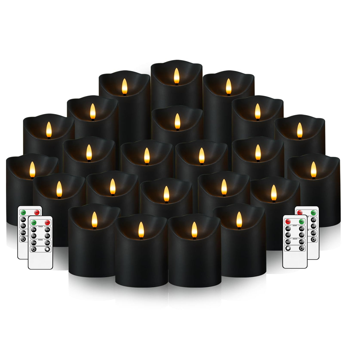 Nimiko Flameless Candles with Remote, Battery Operated Flickering Flameless Candles, LED Candles with Timer 2/4/6/8H, with Realistic LED Candles Set of 24 (D3 x H 3" 4" 5") (Black)