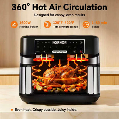 Emphsism 1600W Dual Zone Air Fryer Oven,12.69QT with Divider,Nonstick & Dishwasher-Safe Basket,Match Cook & Smart Finish to Roast,Recipes for Easy Cooking,Digital Touchscreen,Metal Sliver