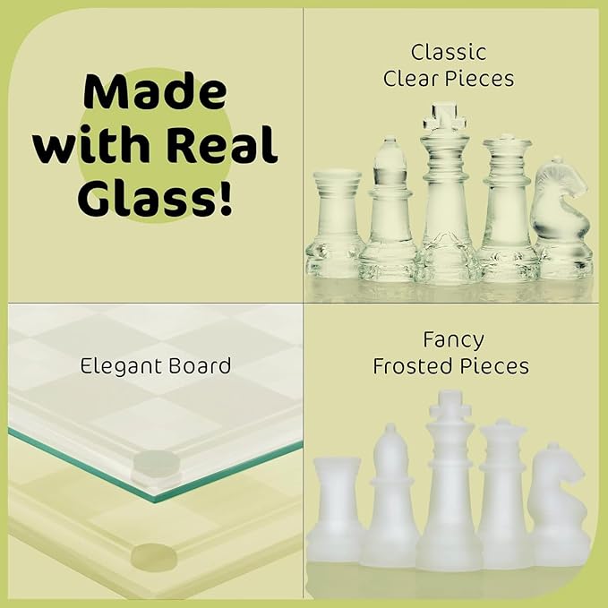 Fine Glass Chess Set Modern Clear Chess Board Set with Solid Clear &amp Frosted Glass Chess Pieces | 12'' Crystal Chess Board Set Felt Padding Included