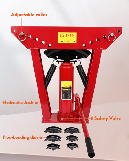 FAHKNS Hydraulic Pipe Bender 12 Ton Manual Copper Exhaust Bender Tool with 6 Dies (1/2,3/4,1,1-1/4,1-1/2,2") 90-180 Degree Adjustable Rollers Bending Steel Iron Metal Ratcheting Tube