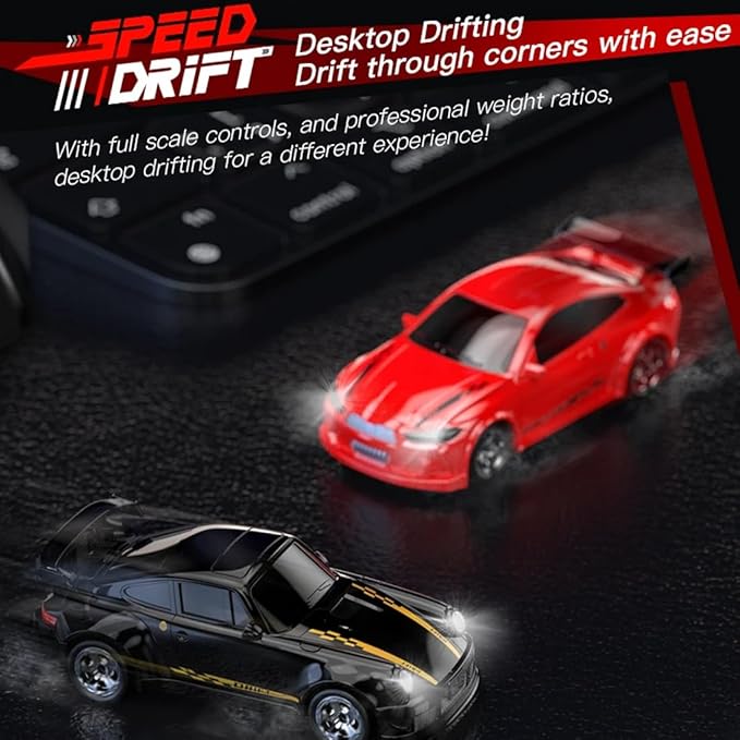 1/64 Scale 2.4G High Speed Drift RC Car Remote Control Drift 4WD Mini Lights System Desktop Drift Car for Adults (White)