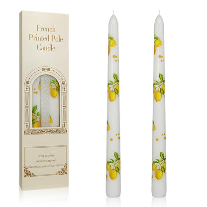 Floral Taper Candles 10 Inch Tall Unscented Handmade White Lemon Print Long Burning Elegant Candlesticks for Wedding Dinner Home Decor