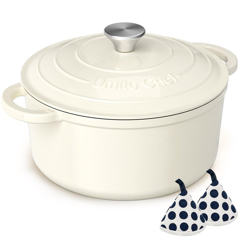 Umite Chef Enameled Cast Iron Dutch Oven-7QT Pot with Lid Cookbook & Cotton, Heavy-Duty Cookware for for Bread Baking, Braising, Stews, Marinate, Cook(Cream White)