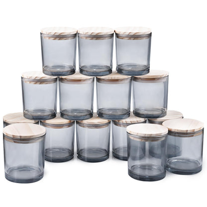 SHOWIN 10 OZ Thick Candle Jars for Making Candles 15 Pcs, Empty Jars with Wood Lids for Candle Making, Sample Container, Grey