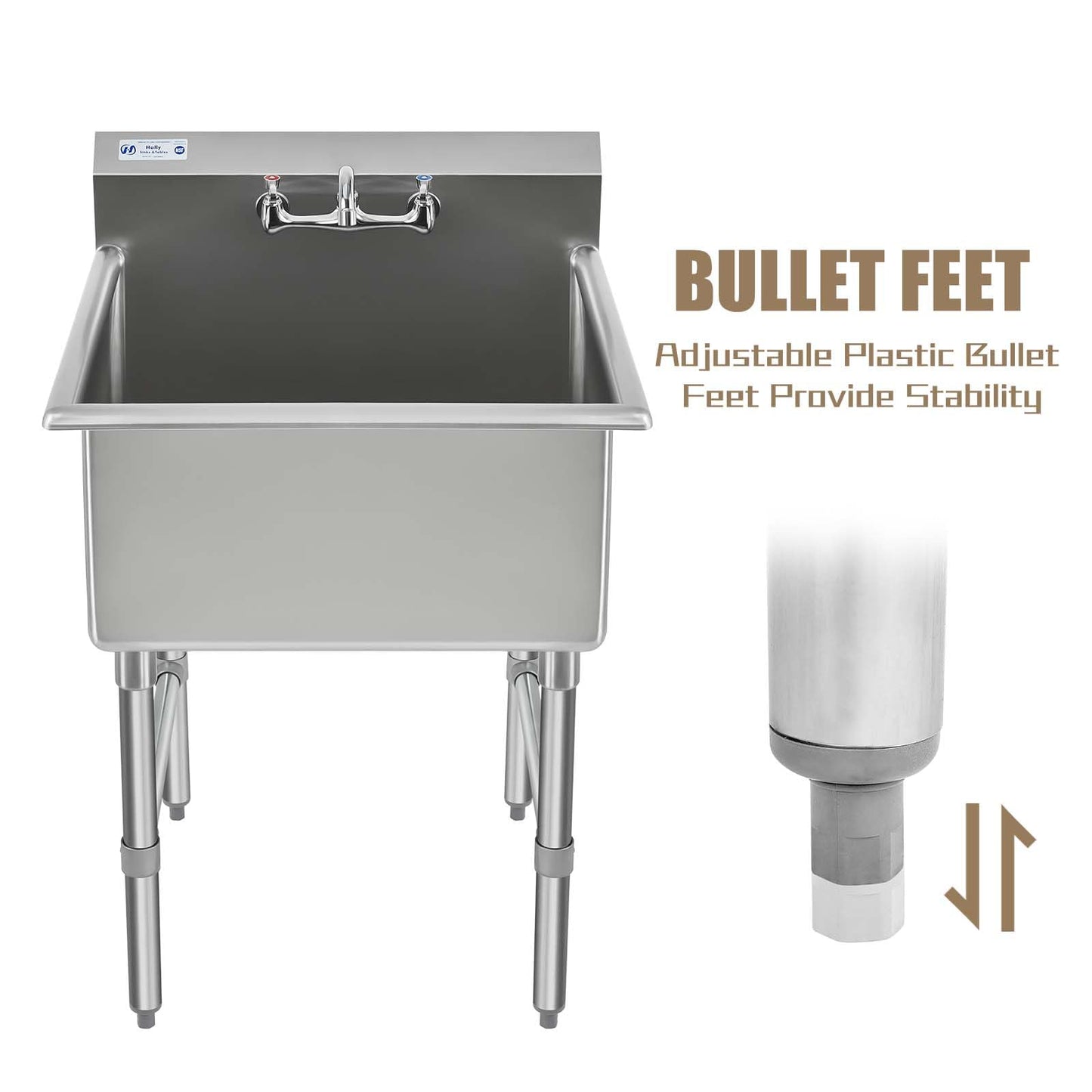 HALLY Commercial Stainless Steel Sink 1 Compartment NSF Prep & Utility Sink with 8" Faucet 15" L x 15" W x 12" D Bowl for Bar, Restaurant, Kitchen, Hotel and Home