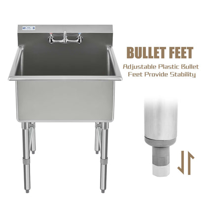 HALLY Commercial Stainless Steel Sink 1 Compartment NSF Prep & Utility Sink with 8" Faucet 15" L x 15" W x 12" D Bowl for Bar, Restaurant, Kitchen, Hotel and Home