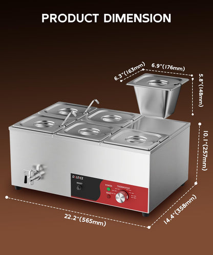 DULNICE 6-Pan Commercial Food Warmer, 1500W Stainless Steel Bain Marie with Anti-Dry Burn and Reset Button, Countertop Soup Warmer with Drain Tap, Soup Spoon for Buffet, Catering, Parties, Restaurants