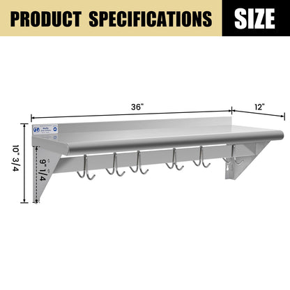 Hally Stainless Steel Shelf with 6 Hooks 12" x 36" Wall Mounted Pot Rack, NSF Commercial Floating Shelving for Storage Hanging Pots, Pans, cookware in Restaurant, Kitchen, Home and Hotel