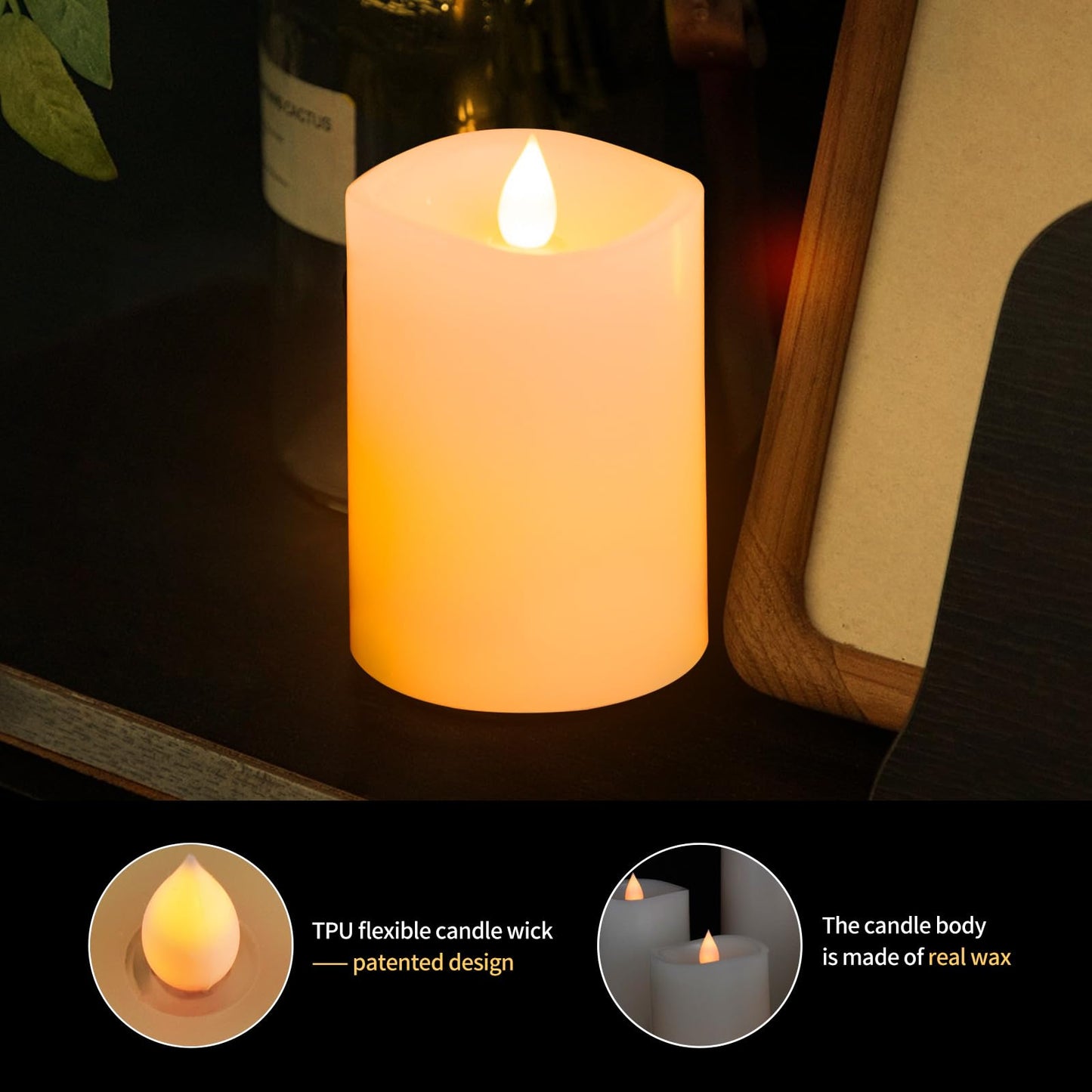 ASLDOIWEH 3x4 Flickering Flameless Candles Set of 3, 2AA Battery Life 600 Hours Battery Candles Flickering with Timer,4 inch Flameless Candles with Remote for Indoor/Outdoor, Ivory