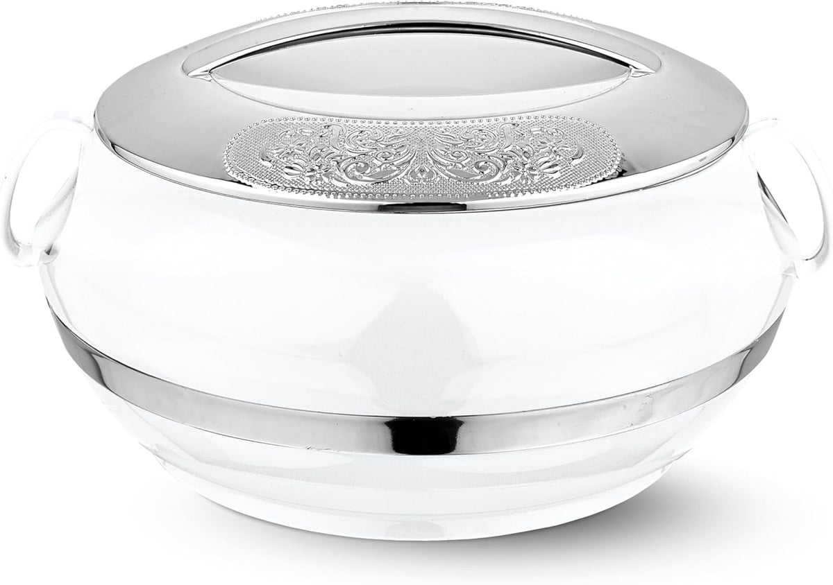 T TABAKH Golden Crest Insulated Casserole Dish with Lid Hot Pot Food Warmer/Cooler - Thermal Soup, Salad Serving Bowl - Stainless Steel Container - Keeps Food Hot & Cold (White, 2300ml, 3500ml, 5000ml)