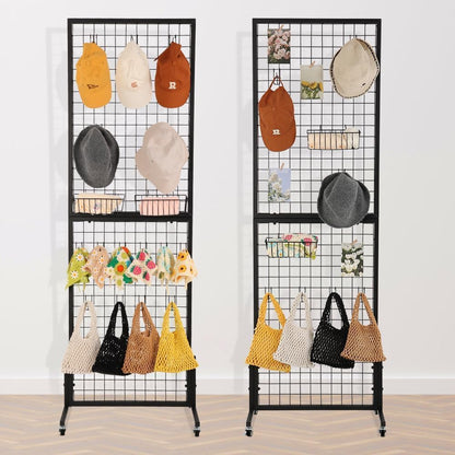 OUDUCK 2 Packs 1.8' x 5.7' Grid Wall Panels Standing Wire Grid, Display Rack with T-Base Wheels Freestanding Gridwall Panel Tower for Shows, Black