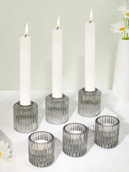 CHOCSTAY Reversible Gray Glass Candle Holder Set of 6, Thick Heat-Resistant Glass Candlestick Holders for Taper, Tealight, Votive, LED Candles, Perfect for Wedding, Party, Home Décor