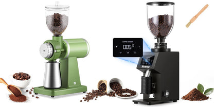 Huanyu Electric Coffee Bean Grinder 250G Automatic Burr Grinder Green and Huanyu Commercial Coffee Grinder with 64mm Flat Burr Anti-Flying Grounds Outlet 26oz Lotus Hopper Bundle