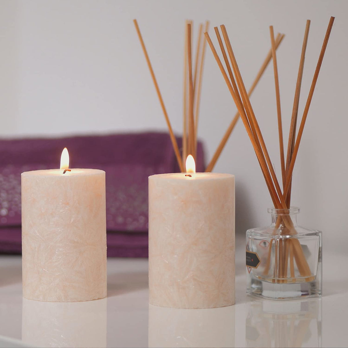 Tall Unscented Pillar Natural Candles, Clean Burning, Dripless, Smokeless Set of 2 (2.75” x 6” Marble White)