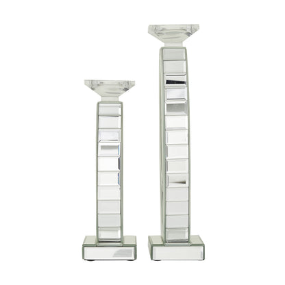 Deco 79 Glass Decorative Candle Holder Pillar Candle Stand with Mirrored Accents and Crystals, Set of 2 Candlestick Holder 17", 13" H, Silver