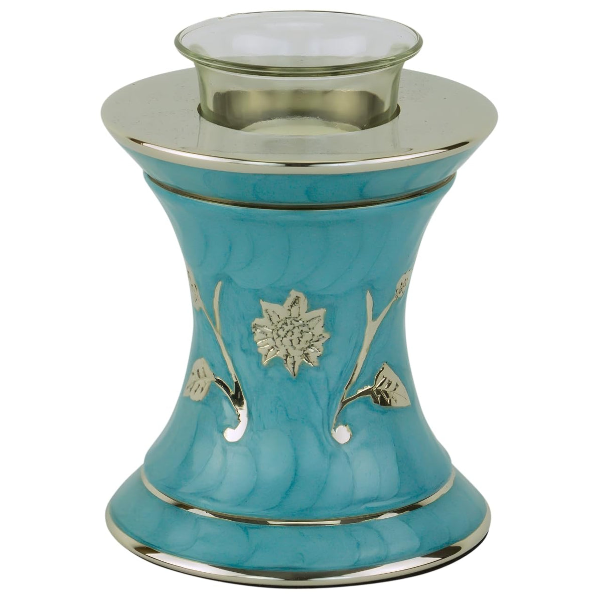Grace Turquoise Tealight Cremation Urn for Ashes, Brass Memorial Candle, Blue Green, Extra Small Size, 5.5 Inches High