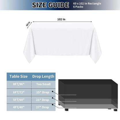 PureFit 6 Pack Rectangle White Table Cloths 60 x 102 Inch for 6Ft Tables, Stain and Wrinkle Resistant Table Linens for Home Use, Wedding, Party, Banquet and Camping