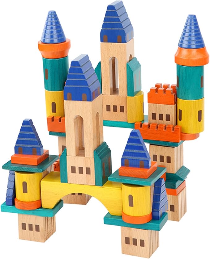 Xylolin Wooden Castle Building Blocks Set Big Solid Beech Wood Toddlers Stacking Block Toy Kids Construction Playset for Boys Girls 69 Pieces Set
