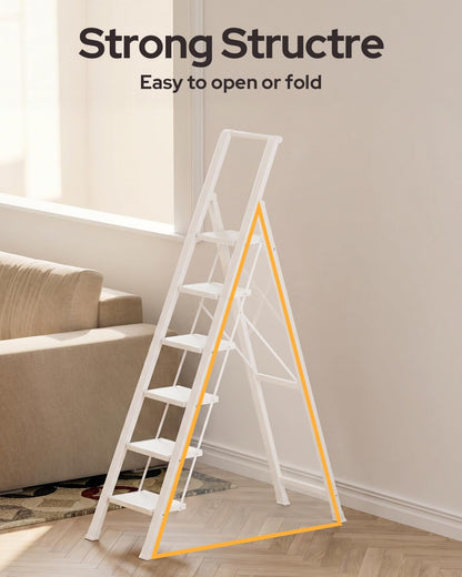 GameGem 6 Step Ladder for 12 Feet High Ceiling, Lightweight Aluminum Folding Step Stool with Convenient Handgrip, Stepladders with Anti-Slip and Wide Pedal for Home Use Space Saving - White