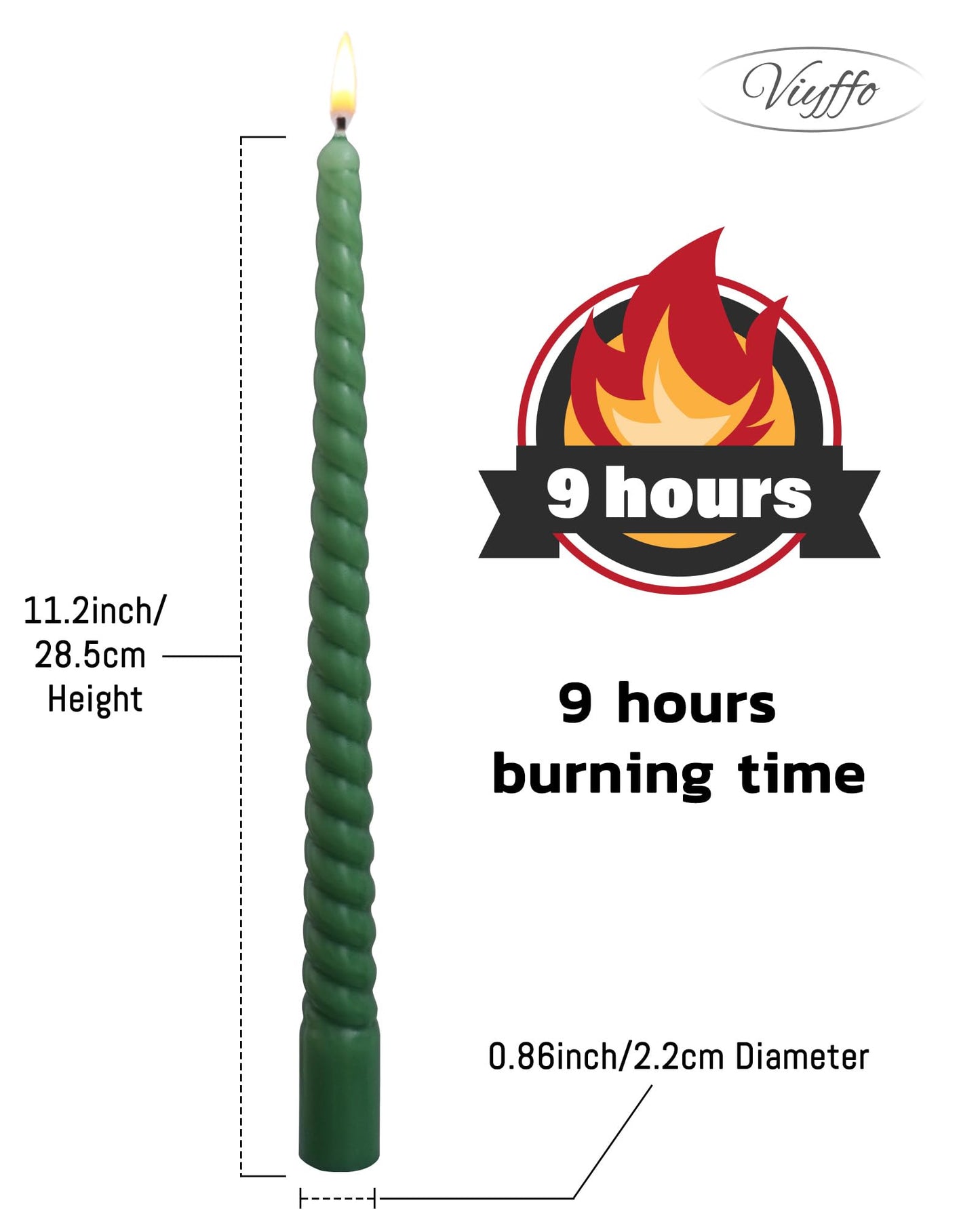 Viyffo Spiral Taper Candles 11 Inch – 4 Pack Green, Dripless, Unscented, Smokeless – 9 Hour Burn – Tall Candlesticks for Wedding, Dinner, Holiday, Party, Home Decor