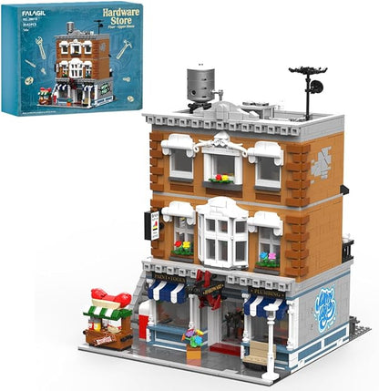 Vintage American Hardware Store Building Blocks 3-Story Modular Street View with Hot Dog Cart &amp 7 Figures 3642 Pieces Adult Building Kit Collectible City Architecture Model