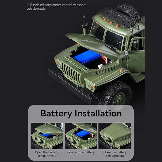 WPL B36-3 1/16 RC Military Trailer with LED Headlights 2.4G Full-Proportional 4WD RC Off-Road Truck Gifts for Electric Car Model Enthusiasts (Two Batteries)