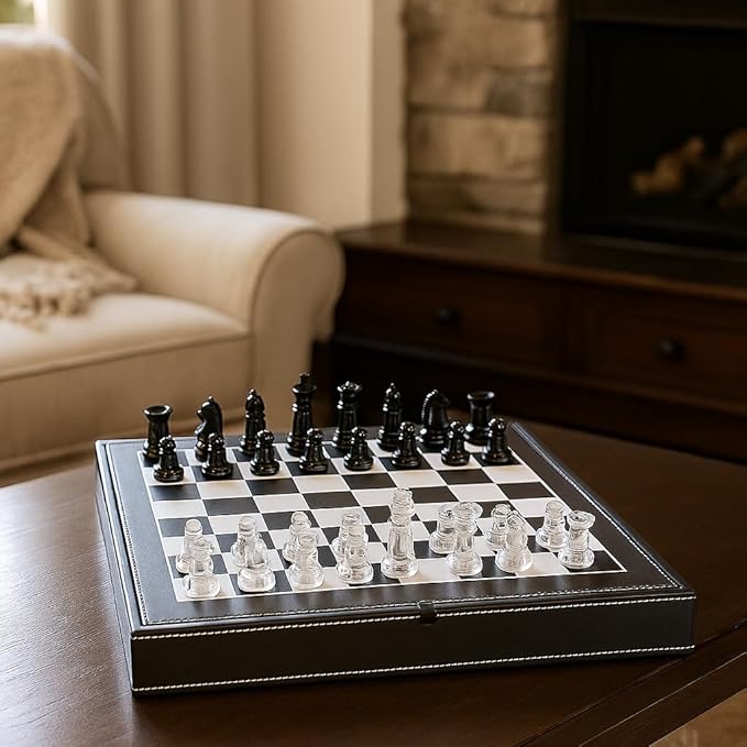 Luxury Glass Chess Set for Adults - 2 Extra Queens Premium Leather Storage Case with 13.2” Chessboard Elegant Board Game Gift