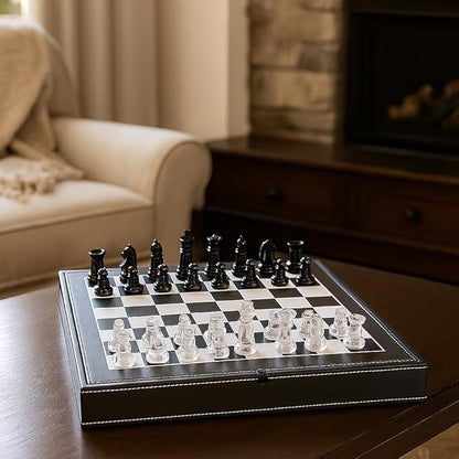Luxury Glass Chess Set for Adults - 2 Extra Queens Premium Leather Storage Case with 13.2” Chessboard Elegant Board Game Gift