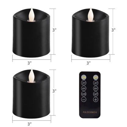 ASLDOIWEH 3x3 Flickering Flameless Candles Set of 3, 2AA Battery Life 600 Hours Battery Candles Flickering with Timer, 3 inch Flameless Candles with Remote for Indoor/Outdoor, Black