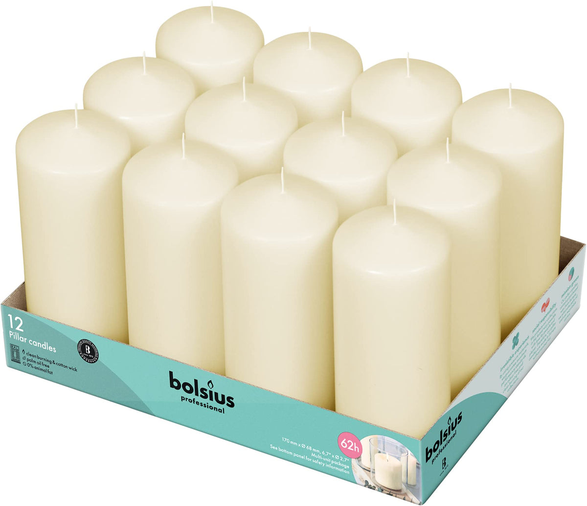 BOLSIUS 12 Ivory Pillar Candles - 2.7 x 6.7 inch Unscented Candle Set - Dripless Clean Burning Smokeless Dinner Candle - Perfect for Wedding Candles, Parties and Special Occasions