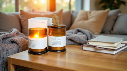 Royal Home Luxury Scented Candle with Wooden Wick in Artistic Glass Jar and Value Added Botanic Scented Ornament, Natural Botanical Fragrance, Velour Glow Scent with Sandalwood Amber and Vanilla