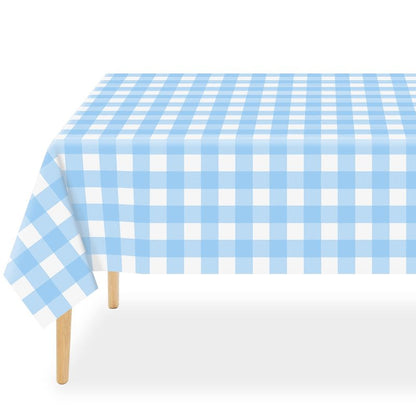 QIKSION Light Blue Gingham Tablecloth Disposable 12 Pack, 54 x 108 Inch Blue and White Checkered Table Cloth for Baby Shower, Easter Decorations, Birthday Party, Rectangle, Plastic Table Cover