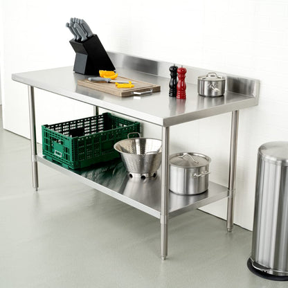 Restaurantware Kitchen Tek 30 x 60 Inch Stainless Steel Table 1 Commercial Work Table - 4" Backsplash Adjustable Feet Stainless Steel 304 Metal Table Great For Food Prep For Home Or Hotel