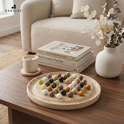 Marble Solitaire Game 10 Inch Travertine Handmade Peg Solitaire Board Game with Marbles Classic Marble Puzzle Game for Adults Modern Tabletop Brain Teaser