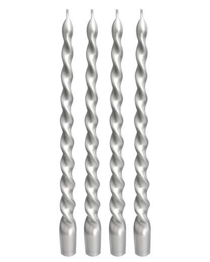 Viyffo Spiral Taper Candles 12 Inch – 4 Pack Silver, Dripless, Unscented, Smokeless – 9 Hour Burn – Tall Candlesticks for Wedding, Dinner, Holiday, Party, Home Decor