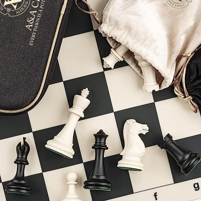 A&ampA Tournament Chess Set/ 20''x20'' Foldable Silicone Chess Board / 3.75'' King Height Plastic Quadruple Weighted Classic Staunton Pieces/Storage Bag for 6 Years Old - 2 Players